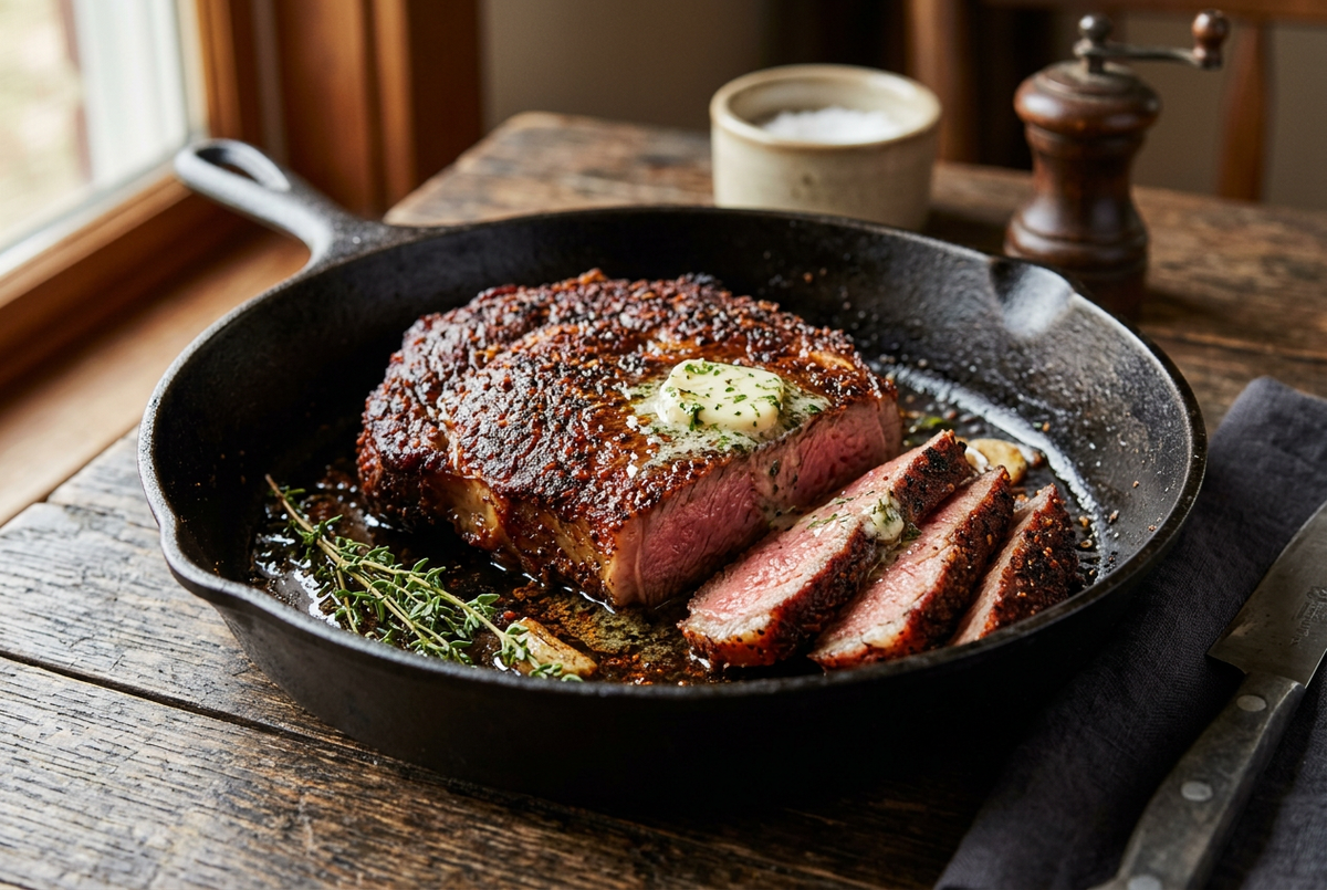 Sliced blackened steak with a dark spice crust and melting herb butter in a cast iron skillet beside thyme.