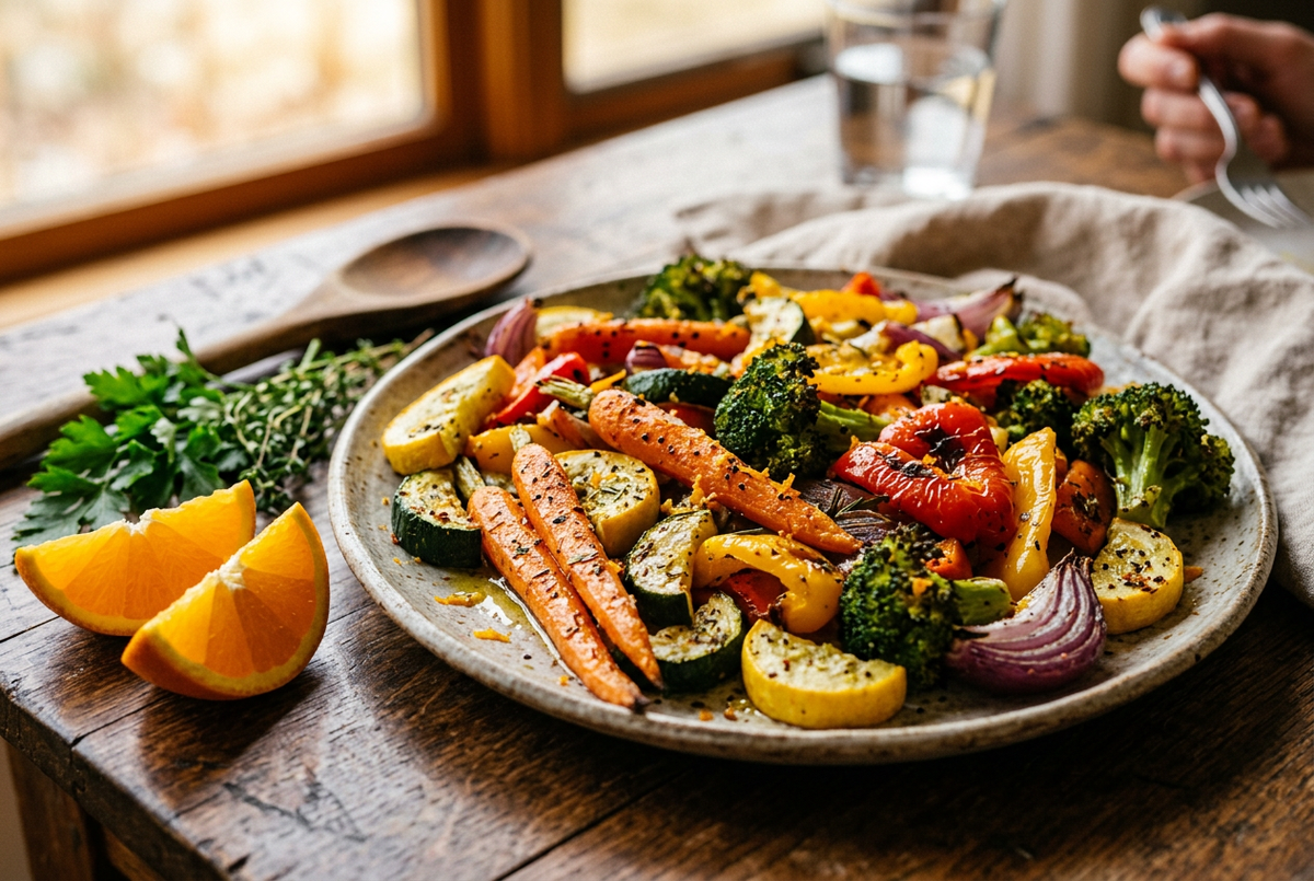 Roasted carrots, broccoli, squash, peppers and red onion with visible seasoning on a ceramic platter beside orange wedges.