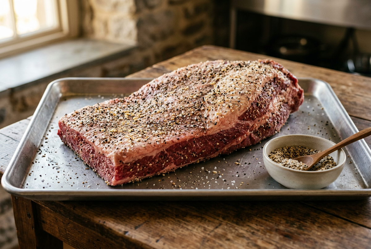 Raw beef brisket with a pale fat cap coated in coarse seasoning on a metal tray beside a bowl of dry rub.