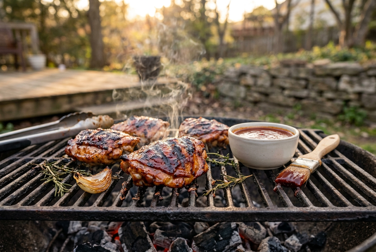 Bowl of barbecue sauce beside glazed grilled chicken thighs and a basting brush on a grill.