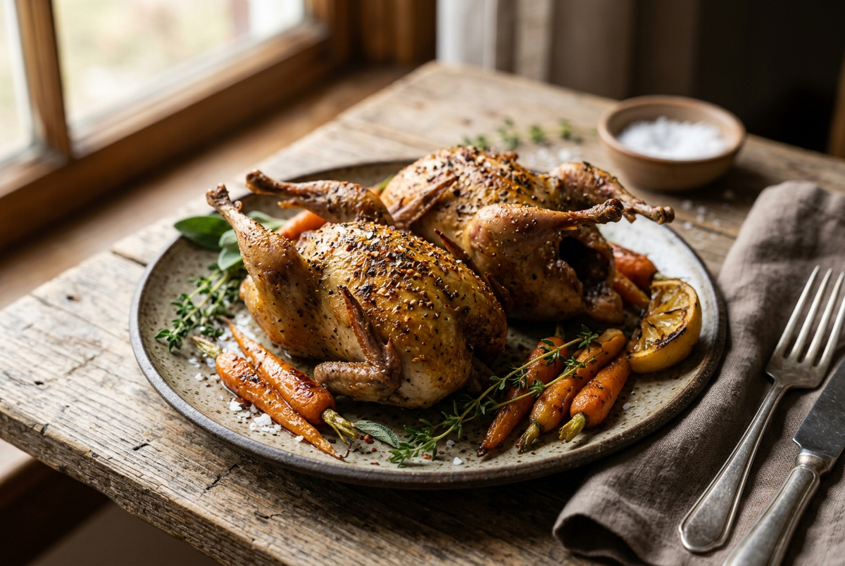 Two whole roasted quail with golden-brown seasoned skin, served with roasted carrots, herbs and lemon on a ceramic plate.