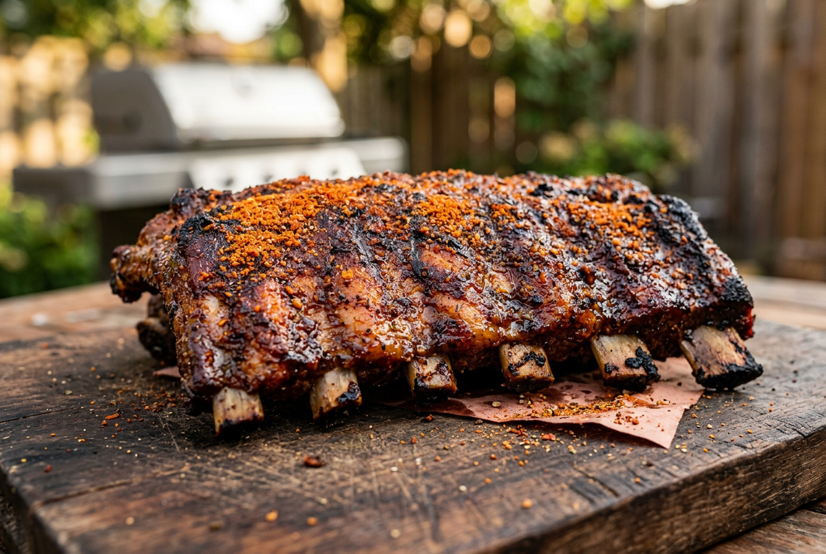 Grilled pork ribs coated with orange-red dry rub on a rustic wooden cutting board.