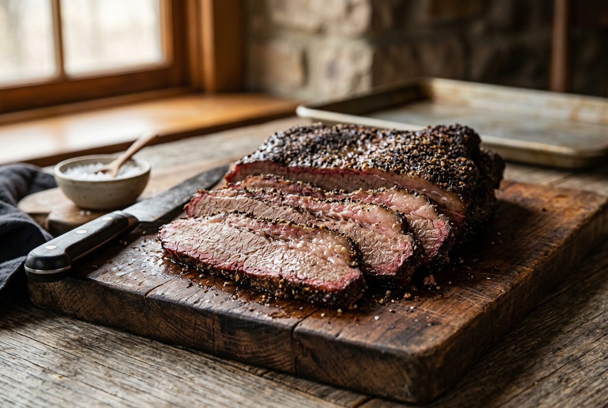 Sliced smoked beef brisket with a coarse pepper and spice crust on a rustic wooden cutting board.