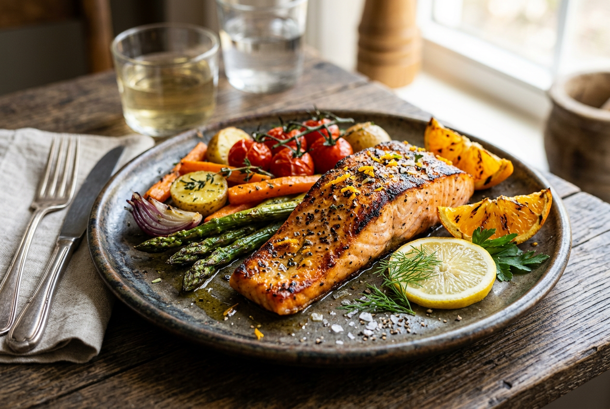 Grilled salmon topped with pepper and citrus zest, served with orange wedges, asparagus and roasted vegetables.