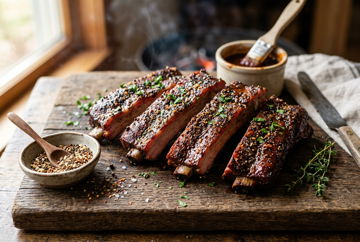 Smoked pork ribs with a coarse spice crust on a wooden board beside a bowl of seasoning and a basting brush.