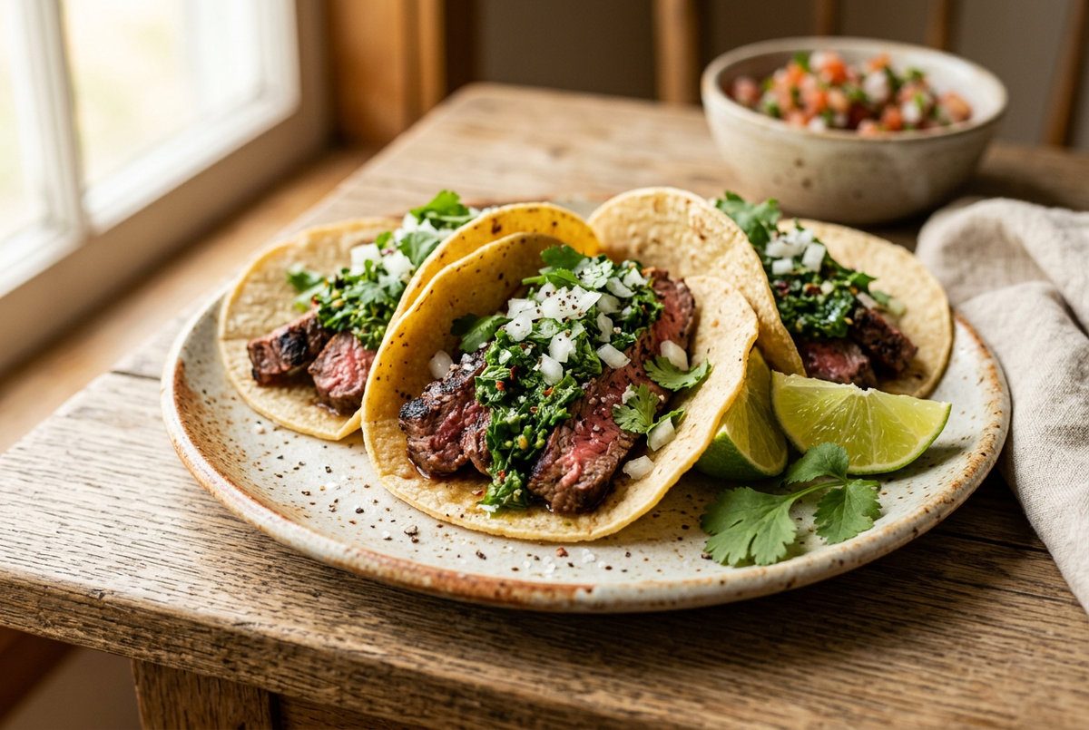Three grilled steak tacos topped with green chimichurri herbs and chopped onion, served with lime wedges on a ceramic plate.