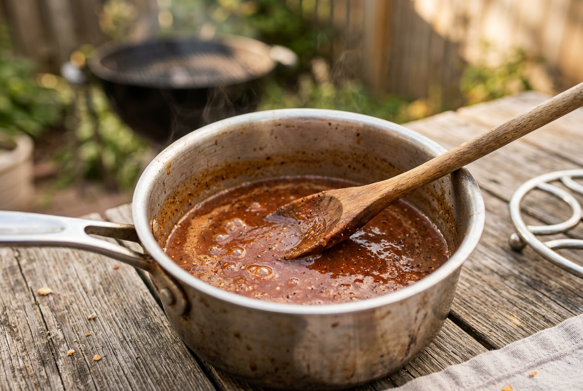 Reddish-brown mop sauce simmering in a metal saucepan with a wooden spoon on a rustic outdoor table.
