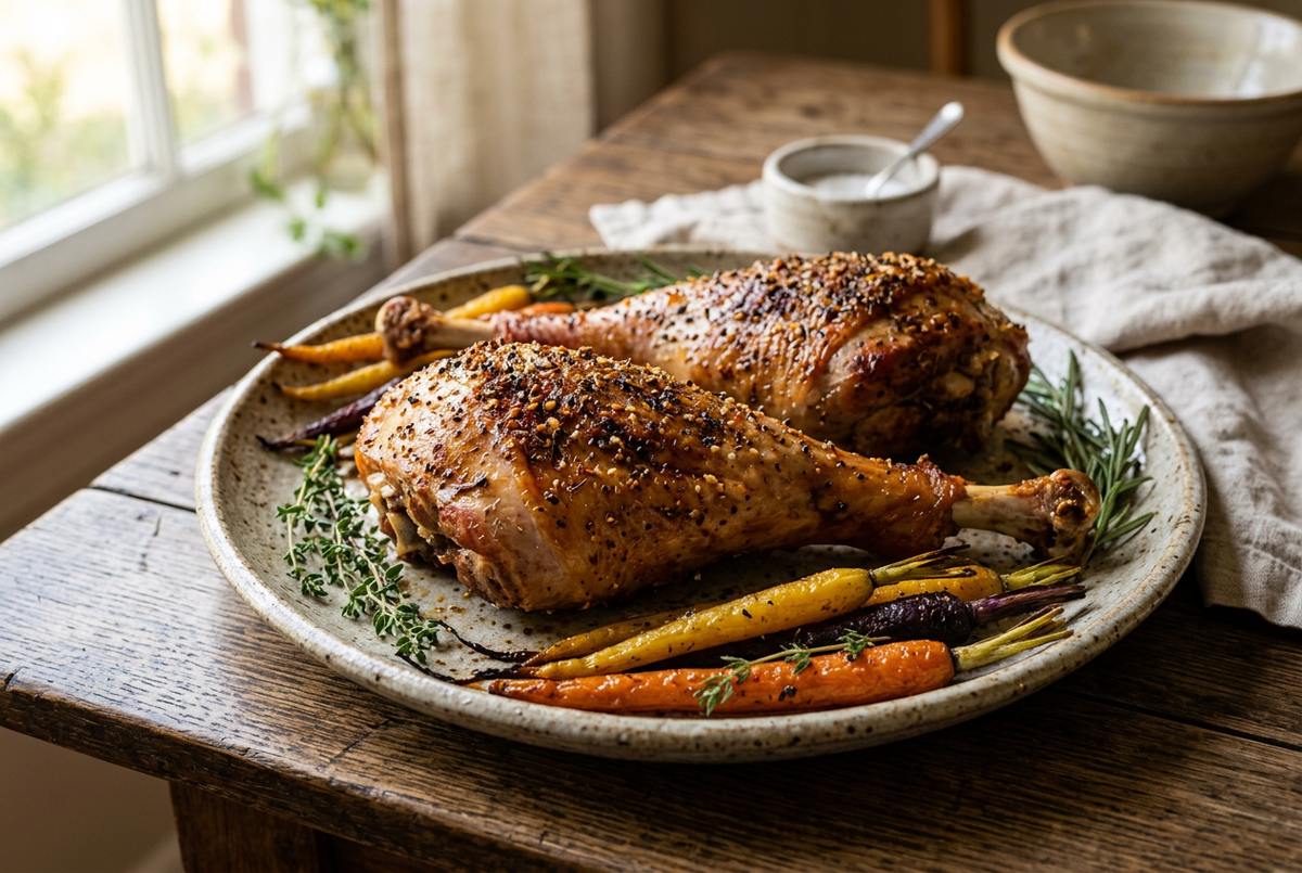 Two golden-brown roasted turkey legs with a coarse spice crust, served with roasted carrots and herbs on a ceramic platter.