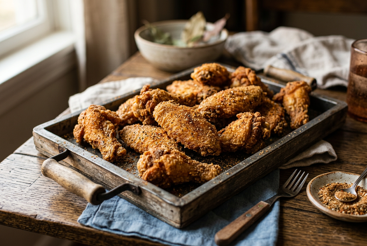 Golden crispy chicken wings coated with dry seasoning on a rustic metal tray beside a small dish of spices.