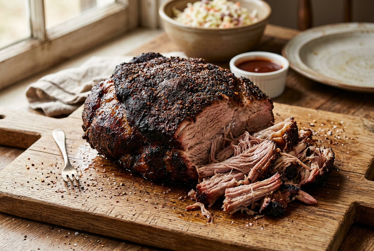 Smoked pork butt with a dark seasoning crust and pulled pork beside it on a wooden cutting board.