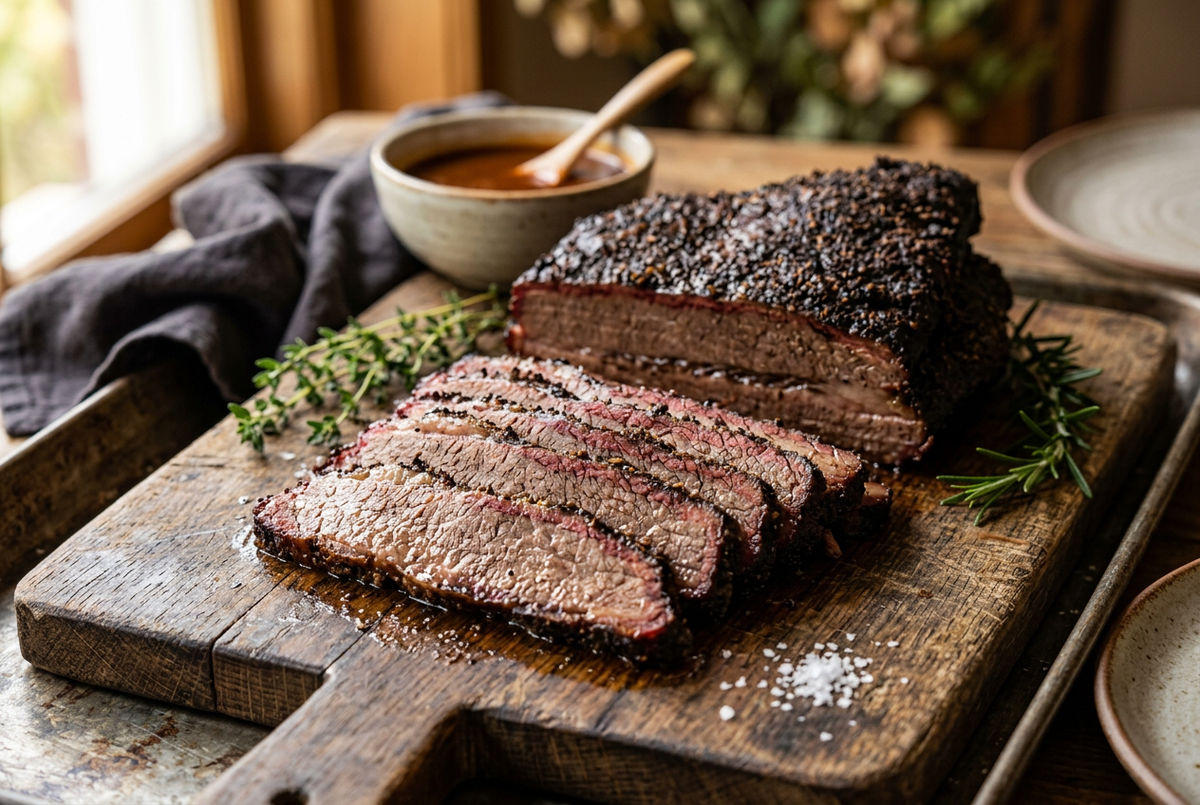 Sliced smoked beef brisket with a dark seasoning crust and pink smoke ring on a rustic wooden cutting board.