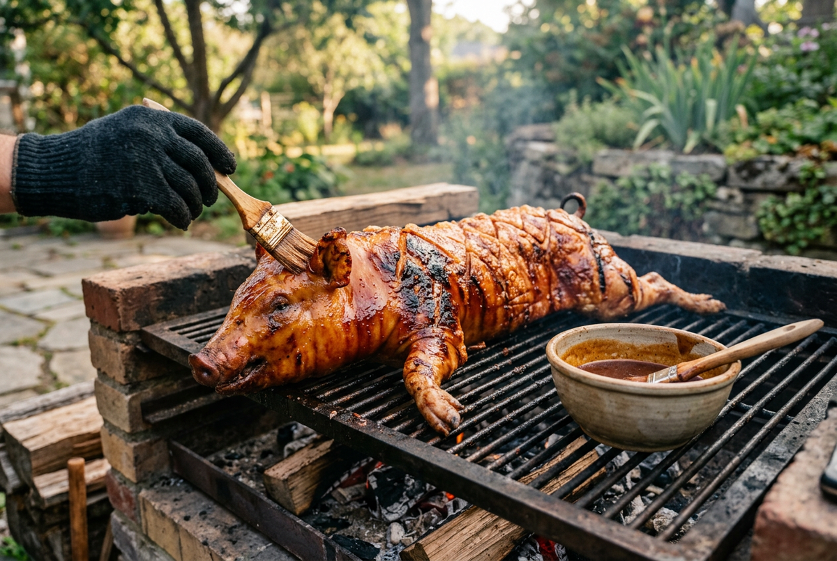 Whole roasted pig being basted on an outdoor charcoal grill beside a bowl of reddish-brown mop sauce.