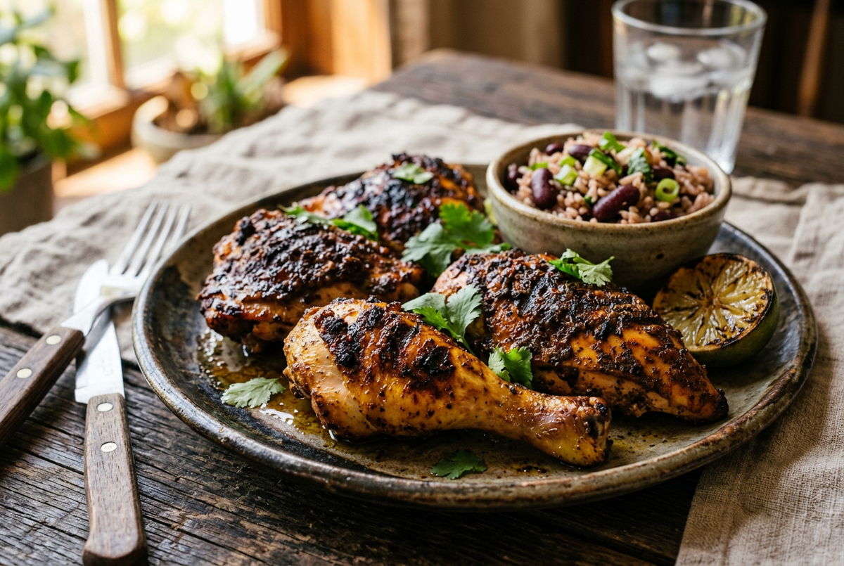 Jerk-seasoned grilled chicken with a dark spice crust, rice and beans, and grilled lime on a rustic plate.