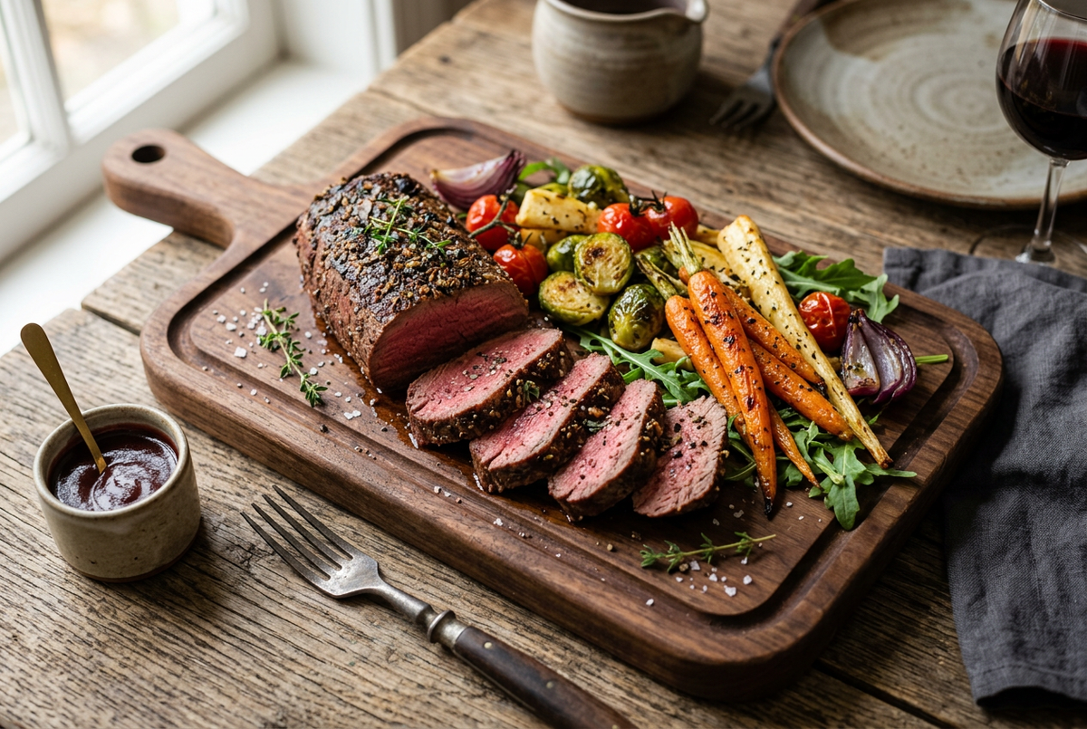 Sliced spice-crusted venison with roasted carrots, Brussels sprouts and tomatoes on a wooden serving board.