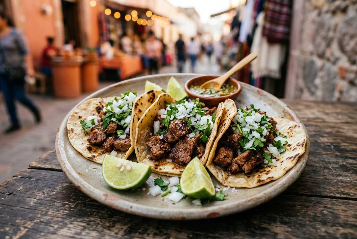 Three seasoned beef tacos in corn tortillas topped with chopped onion and cilantro, served with lime wedges and salsa.