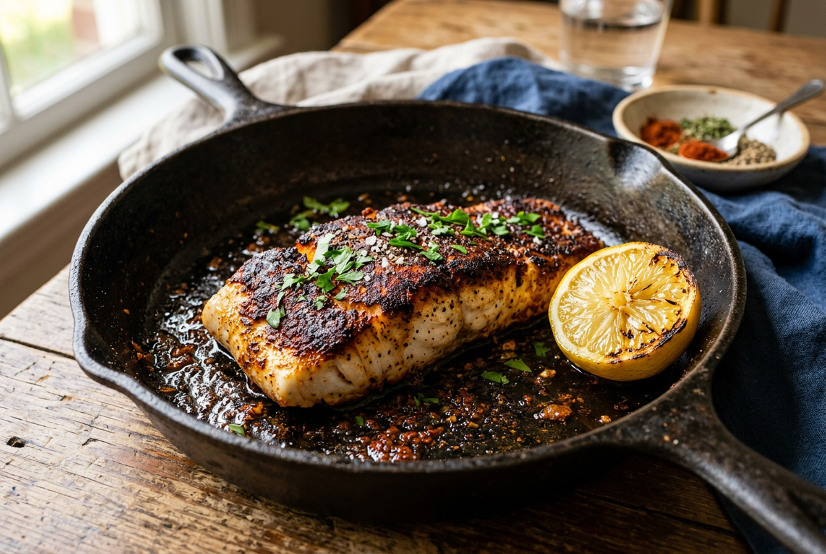 Blackened fish fillet with a dark spice crust and chopped herbs beside a grilled lemon half in a cast iron skillet.