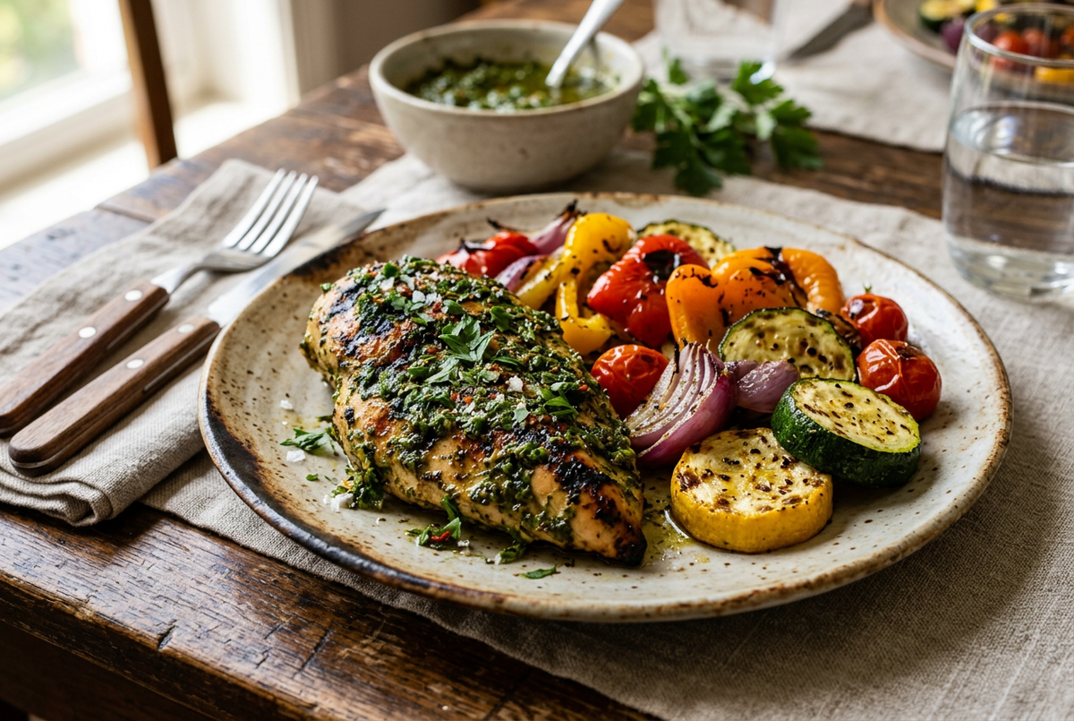 Grilled chicken breast topped with green herbs, served with grilled peppers, squash, onion and tomatoes on a ceramic plate.