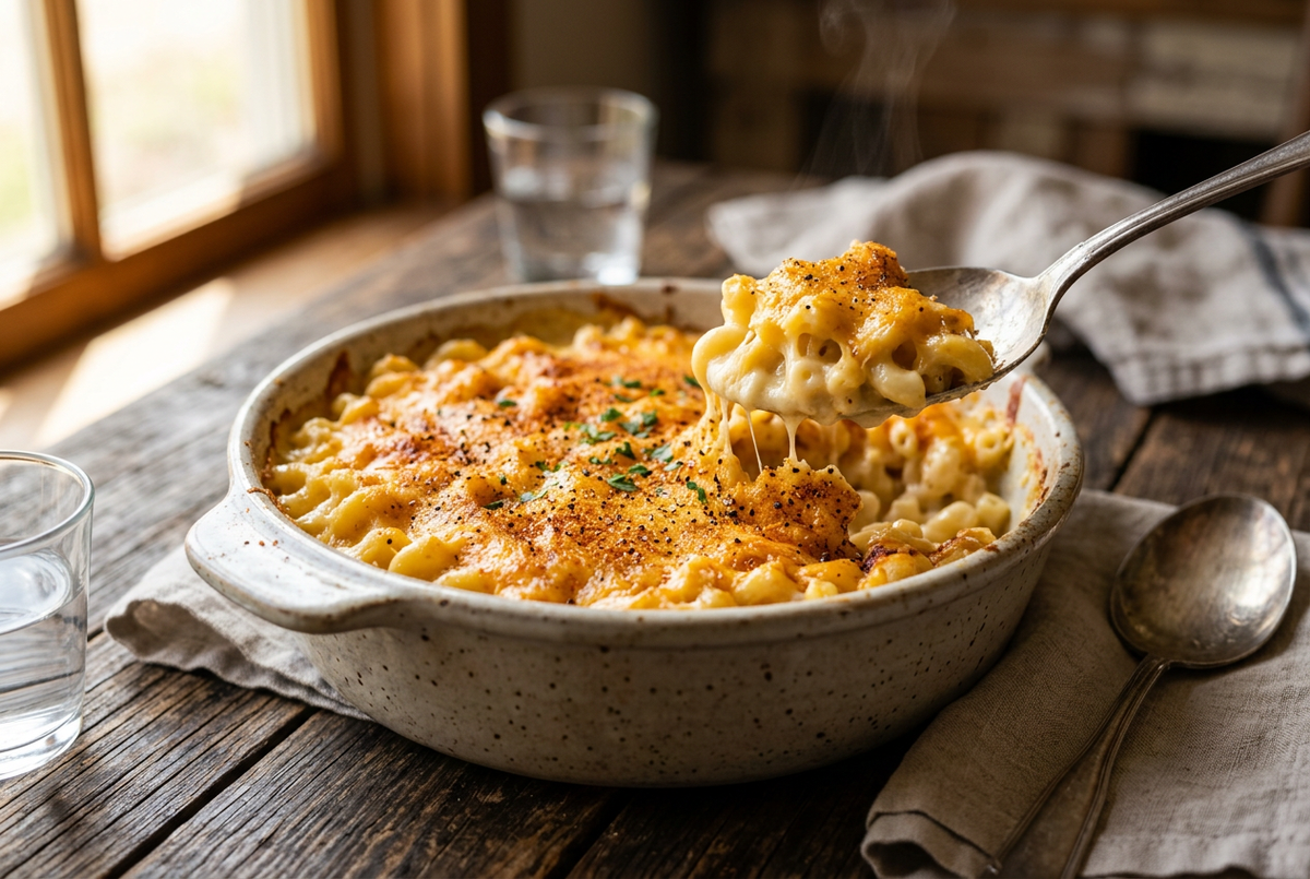 Baked macaroni and cheese sprinkled with seasoning in a ceramic dish, with a spoon lifting a creamy serving.