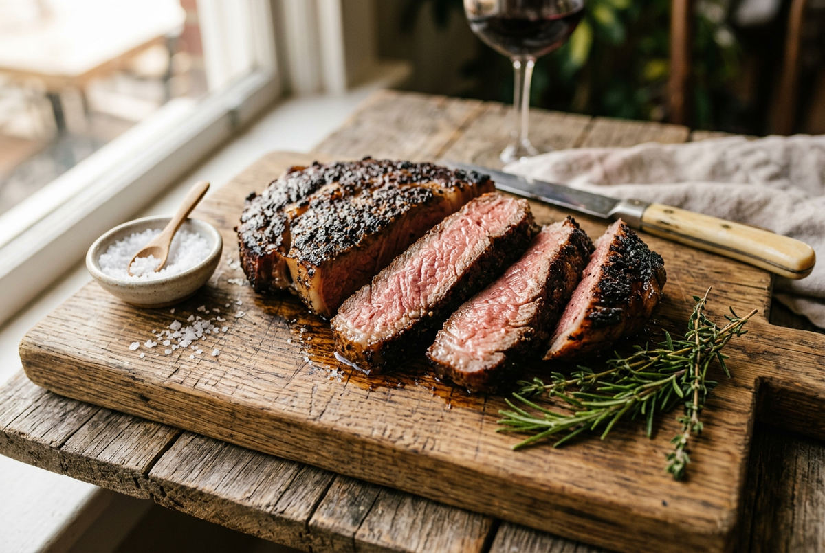 Sliced grilled steak with a dark spice crust on a wooden cutting board beside rosemary and coarse salt.